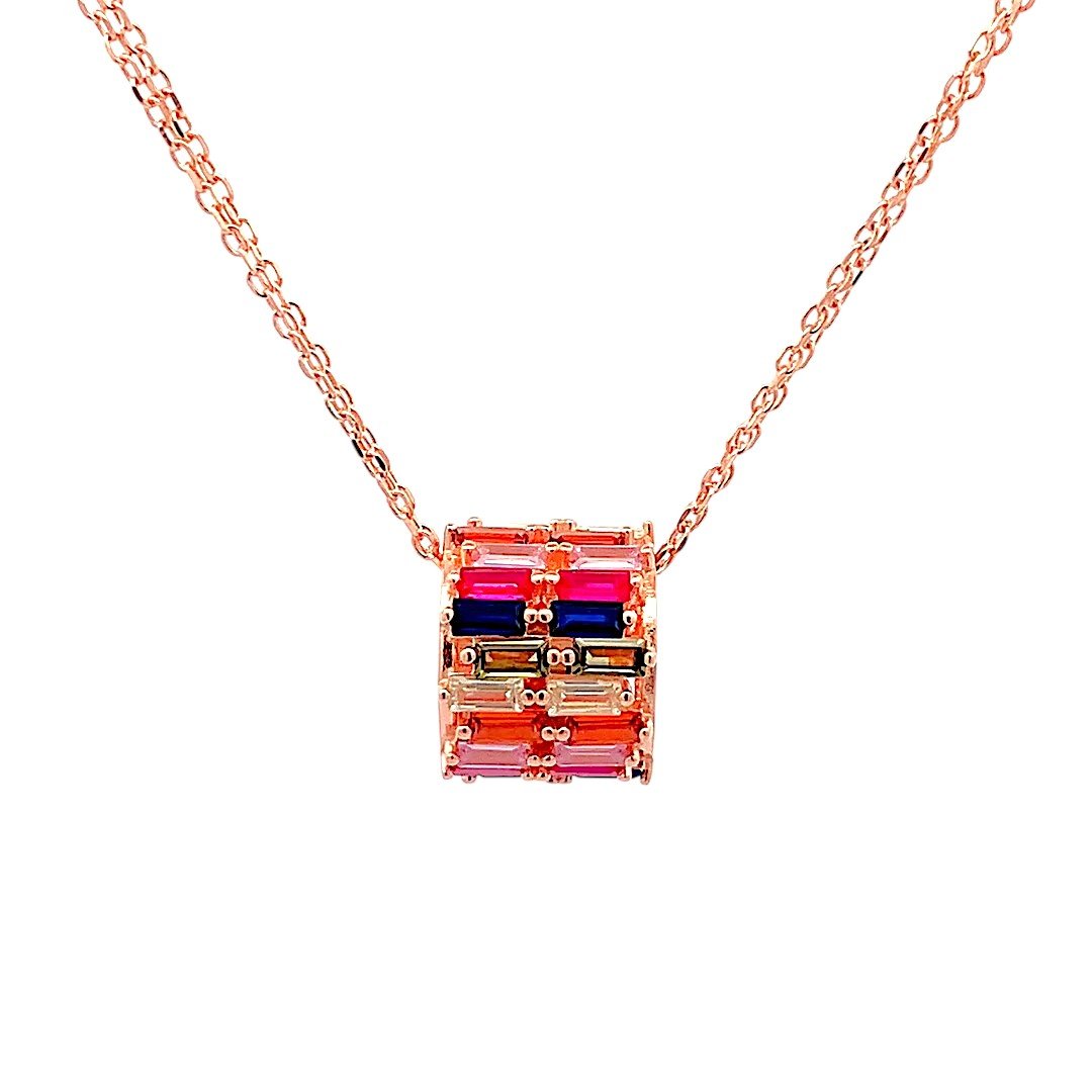 Rainbow Baguette Roll Pendant Chain (Pure Silver) - Rose Gold